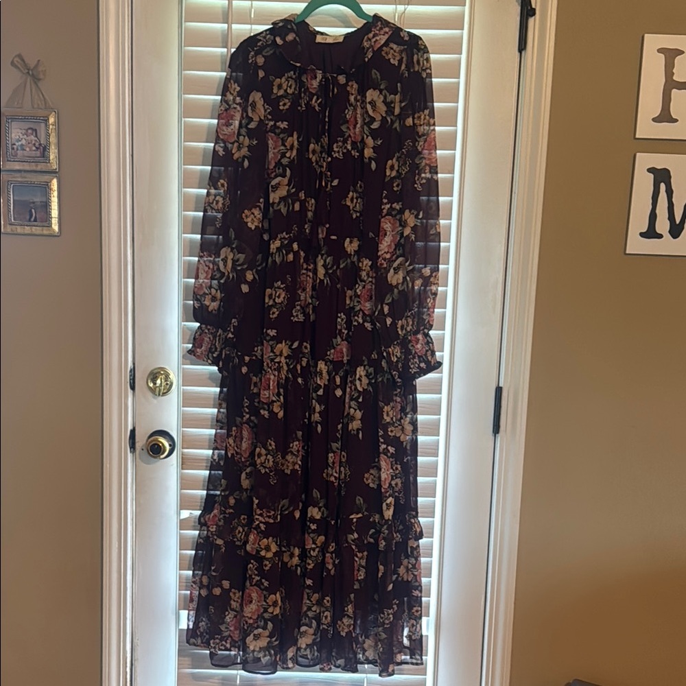 Floral Long Sleeve Maxi Dress in Dark Plum